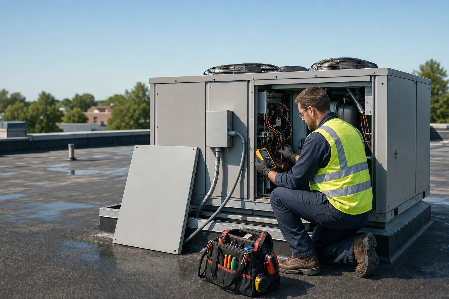 Technician diagnosing a commercial rooftop HVAC unit